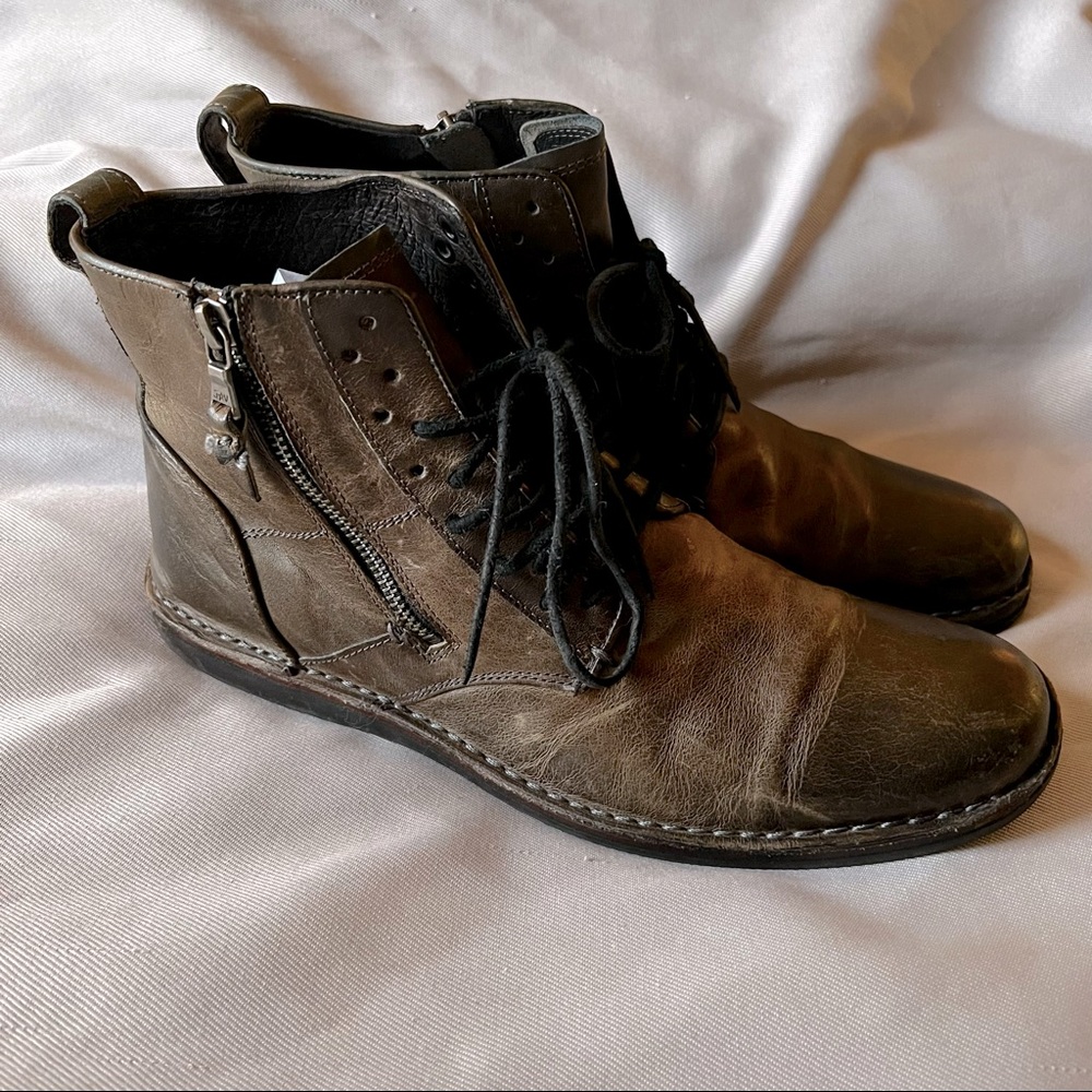 John Varvatos Brown Leather Lace-Up Ankle Boots with Side Zippers